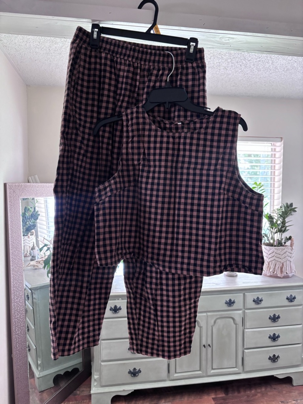 Brown and Black Gingham Two-Piece Set